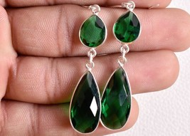 925 Sterling Silver Emerald Quartz Gems Handmade Earrings Women Wedding LoveGift - £39.54 GBP