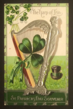 St Patricks Day Harp of Erin Shamrock Top Hat Silver Embossed Postcard c1910s - £8.02 GBP