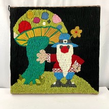 VTG Crewel Gnome with Colorful Mushroom Embroidered Textile Framed Wall ... - £45.94 GBP