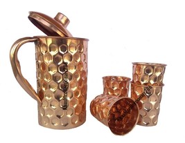 Pure Copper Water Pitcher Jug Diamond Cut 1500ML with 4 Drinking Tumbler Glass - £42.45 GBP