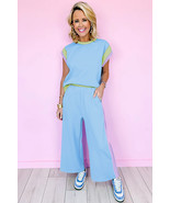 Sky Blue Color Block Detail Casual Two-piece Outfit - $638.17 MXN