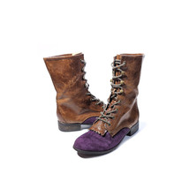 VTG Roper Lace up Boots 8 Purple &amp; Brown Leather Cowboy Boots Fringe Kiltie - £149.49 GBP