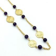 BRONZALLURE faux coin &amp; amethyst bead necklace - gold-plated designer Italy 35&quot; - £43.24 GBP