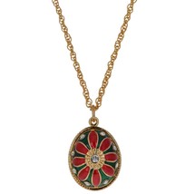Floral Elegance: 20&quot; Red Flower on Green Enamel Royal Egg Necklace - £26.36 GBP