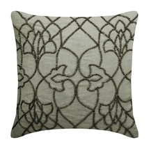 Designer Grey Linen Throw Pillow Cover Floral &amp; Beaded - Grey Magnet - £32.50 GBP+