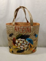 Straw Raffia Embroidered Tote Bag Nassau Tourist Sea Shells Flowers 15 X 15 - £23.11 GBP