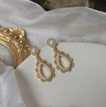 Retro Baroque pearl earrings hollow crystal long trendy Pierced ears studs - £6.92 GBP