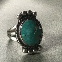 Old Pawn Rustic Oval Turquoise Stone in SIlver Rope &amp; Bead Frame Southwest Ring  - £22.68 GBP