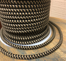 Black/Tan Hounds-Tooth Cloth Covered 3-Wire Round Cord, Retro power cable, USA - £1.30 GBP