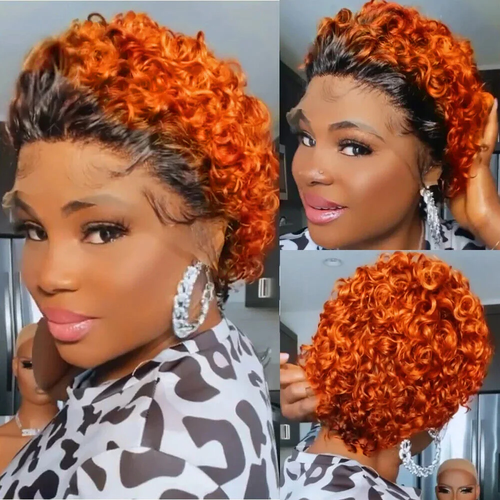 Ginger Orange Pixie Cut Wig Short Curly Lace Front Human Hair Wigs for Wom - £31.15 GBP+
