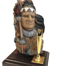 Indian Head Pen Holder 1994 Wood Base Carved Spear Headdress Vintage 7x4... - $49.49