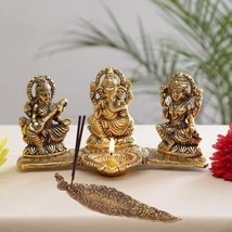Ganesh Saraswati Idol Decorative Platter with Diya and Agarbatti Stand M... - $34.64