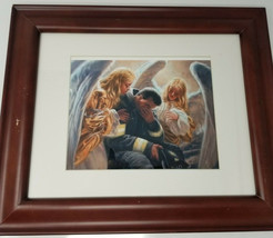 Firefighter Crying Comforted by Angels Print Vintage Wood Framed Matted - £14.90 GBP