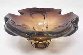 Vtg Hand blown Brown Yellow Studio Art Glass Bowl Ruffled Edge 6&quot; X 2.25... - £71.10 GBP