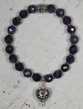 Amethyst Daisy Spacer Puffed Heart Charm Stretch Bracelet Handmade 7.5&quot; New - £21.18 GBP