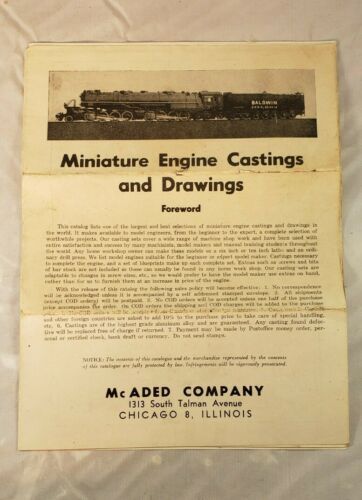 Early 1960s Miniature Engine Castings and Drawings Catalog Trains McAded... - $4.94