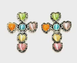 Vintage Silver Tone Pastel Colored Heart Cross Pin Multicolor Cabochons ... - $22.00