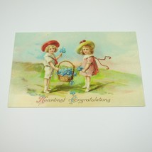 Postcard Congratulations Antique Boy Sailor Suit Girl Pink Dress Blue Flowers - £7.98 GBP