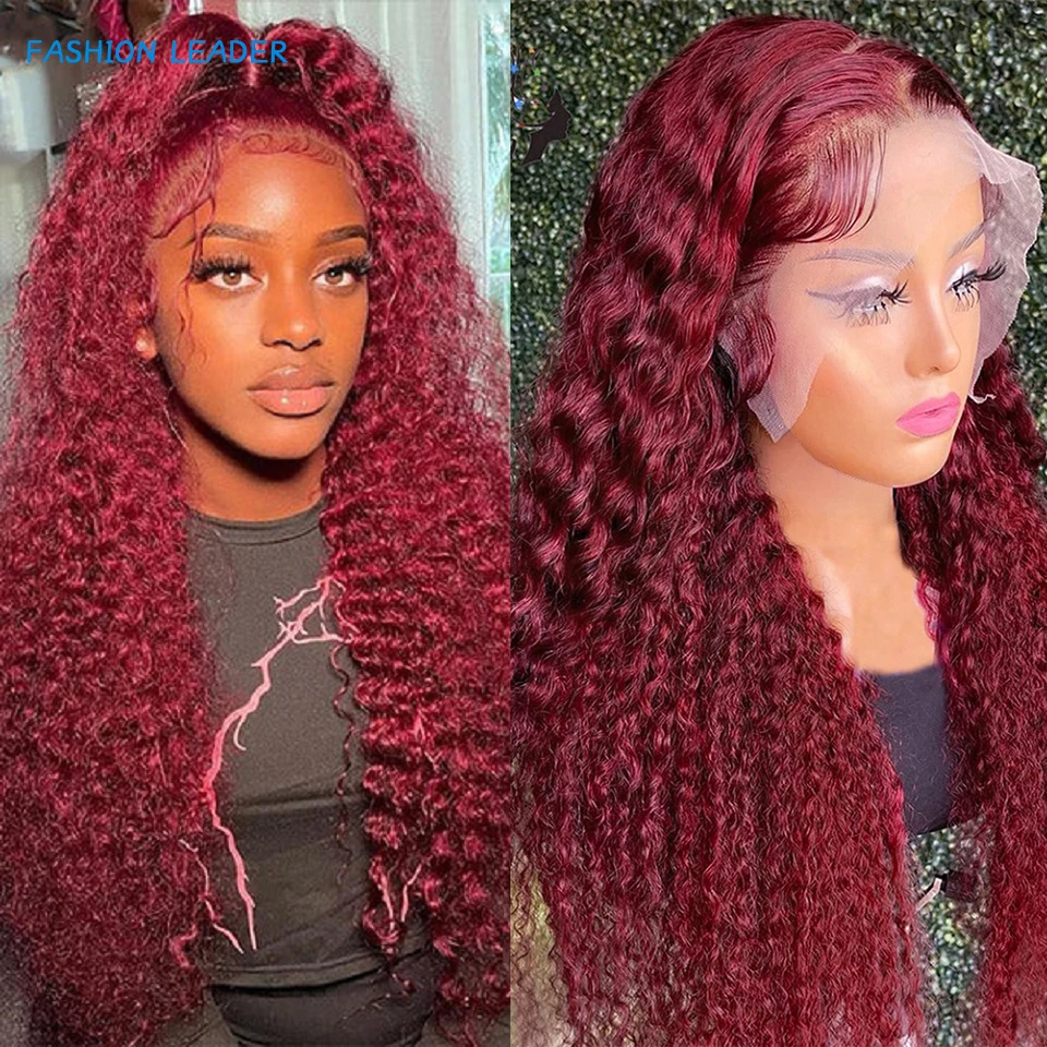 99J Burgundy Deep Wave Frontal Wig Straight Lace Front Human Hair Wigs Color - £49.34 GBP+