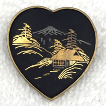 Japanese Damascene Heart Shaped Pin Brooch Gold Tone Vintage Signed Marked - £20.85 GBP