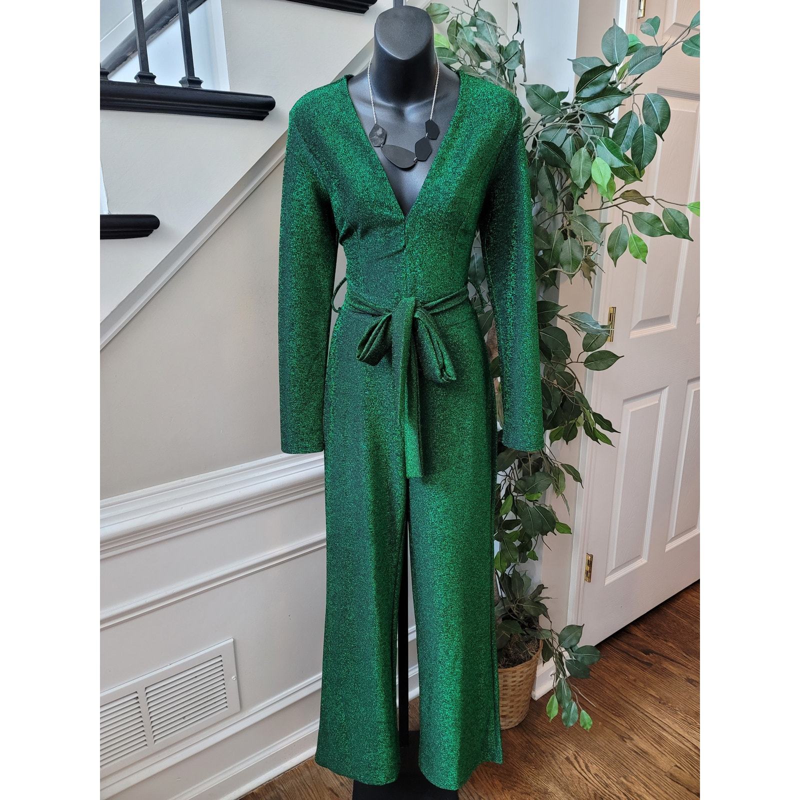 Women's Jumpsuit Small Green Metallic Glitter Long Sleeves V Neck Belted Item image 2