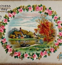 Happy Birthday Greeting Postcard 1910s Pink Flowers Wreath Embossed PCBG3D - $14.99
