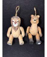 Set 2 Vtg Folk Art Wooden Carved Painted Teddy Bear &amp; Lion Christmas Orn... - $23.36