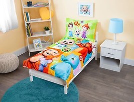 Toddler Bedding Set Cocomelon 4-Piece Reversible Comforter Bedspread Sheets - £62.30 GBP