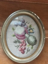 Vintage Small Oval Peach Apple &amp; Grapes Fruit Needlepoint in Plastic  Frame  - £9.56 GBP