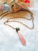 Long Beaded necklace Rose Quartz necklace Dainty wire y necklace layering turqui - £30.56 GBP