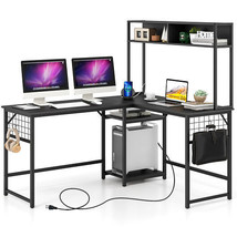 L-shaped Desk with Power Outlet Hutch-Black - Color: Black - €189,34 EUR