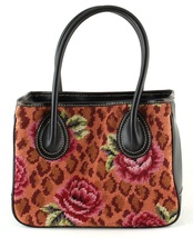 Katha Diddel Floral Needlepoint &amp; Brown Leather Designer Handbag Bag Roses - £60.27 GBP