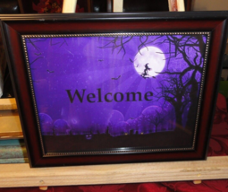 FRAMED PURPLE HALLOWEEN WITCH WELCOME PHOTO SIGN IN VINTAGE HQ FRAME 13&quot;... - £17.82 GBP