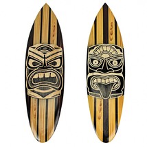 Set Of 2 Hand Crafted Wooden Tiki Mask Surfboard Decorative Wall Hangings 20&quot; - £34.99 GBP