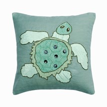 Decorative 16&quot;x16&quot; Turtle Embroidered Dull Blue Linen Pillow Cover, Turtle Dove - £36.71 GBP+