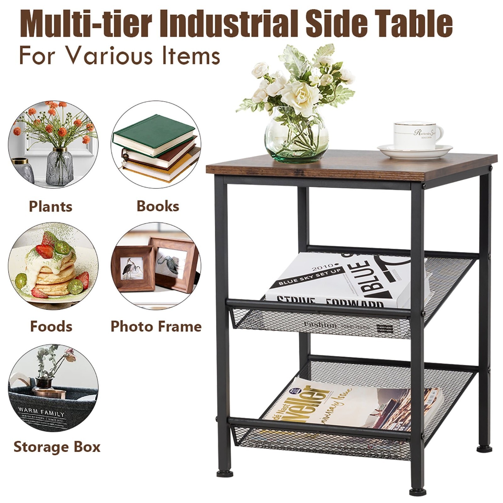 3-Tier Industrial End Side Table with 2 Adjustable Metal Shelves Bedroom Living Item image 4