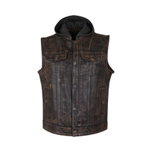 Vance Leather Distressed Brown Motorcycle Club Leather Vest with Hoodie - £97.81 GBP+