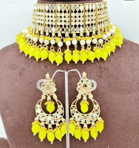 Indian Bollywood Gold Plated Glass Kundan Choker Yellow Necklace Jewelry Set - £22.25 GBP