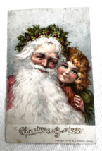 Santa w Wreath of Holly Young Girl Postcard Christmas Greetings 1907 HI ... - $9.90