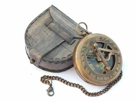 Antique Pocket Locket Leather Case Nautical Sundial Compass With Chain - £31.05 GBP