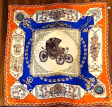 Silk Scarf Wrap Orange Gold Blue Carriage Print 41&quot; Square Regal Rolled ... - $23.36
