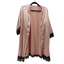 Vintage Pink Coral Drawstring Robe Women&#39;s Black Lace Sz M - £11.09 GBP