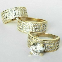 Simulated Diamond 2.10CT Ring His &amp; Her Wedding Trio Set 925 Silver Gold Plated - £86.30 GBP