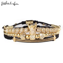 3pcs/set Gold Luxury CZ crown Charm beads bracelet sta handmade Macrame men brac - £29.90 GBP