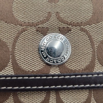 COACH Brown Signature Canvas Trifold Wallet Snap Closure Silver Hardware Item image 5