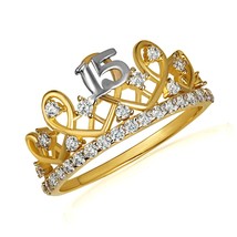 Two Tone Gold CZ Royal Princess Crown 15 Años Quinceañera Wavy Ring - £140.95 GBP+
