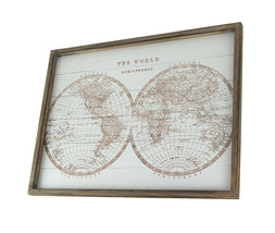 Rustic World Hemispheres Map Canvas Print Wood Frame Hanging Wall Decor Plaque - £25.05 GBP