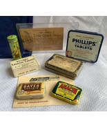 Vtg Medicine RX Container Lot Tin Paper Little Quick Steps Tums Bayer An... - £38.94 GBP