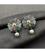 Traditional Real 925 Silver Natural Emerald Pearl Jhumka Two Tone Earrings - $1,963.23 MXN