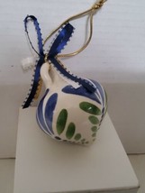 Italy Signed Hand Painted Ceramic Christmas Bulb Ornament White Blue Ribbon  - £22.19 GBP